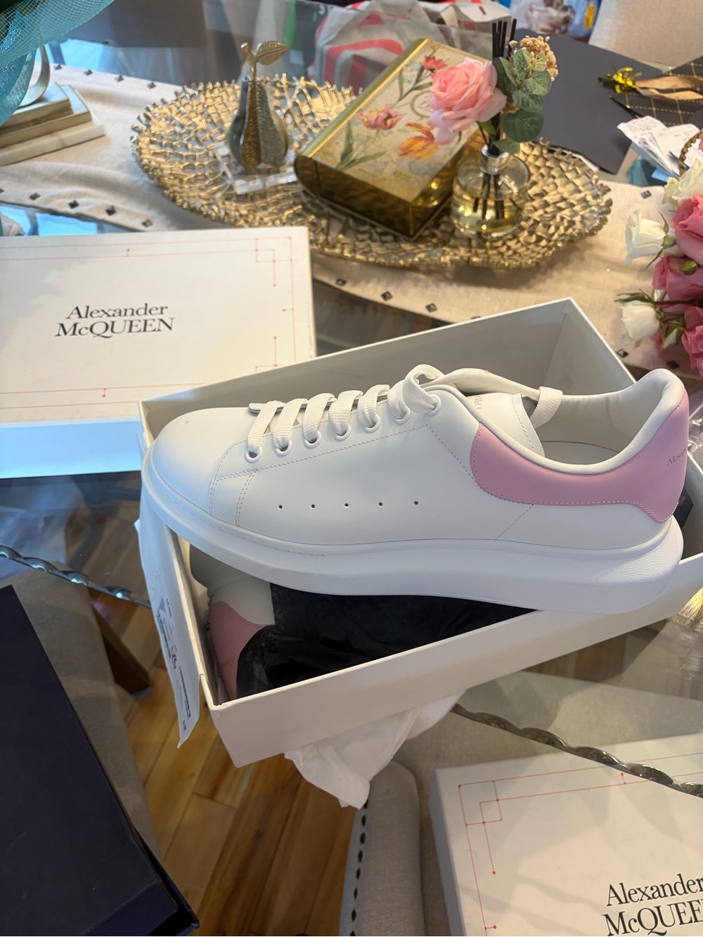 Alexander McQueen White Leather Sneakers with Pink Heel Panel
